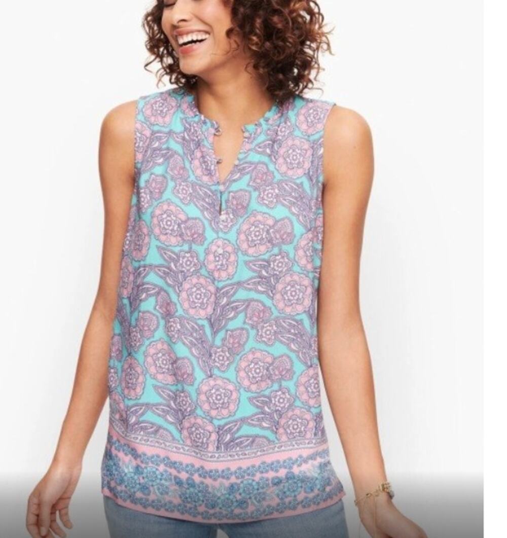 Talbots Sleeveless Floral Ruffle Neck Blouse Teal Pink Paisley Print M Petite